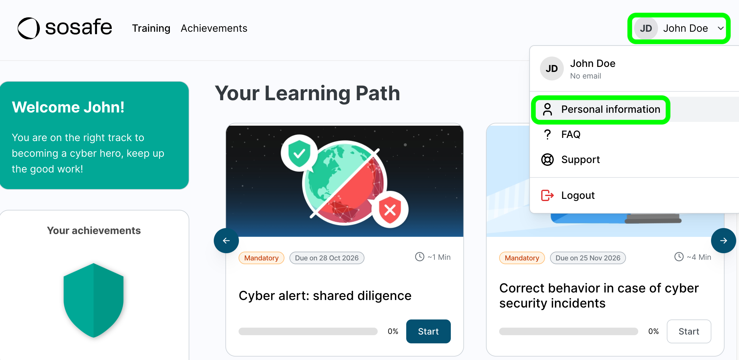 SoSafe E-Learning platform dashboard with the account menu open, showing the displayed name at top right marked along with Personal information highlighted in the dropdown, above FAQ, Support, and Logout.