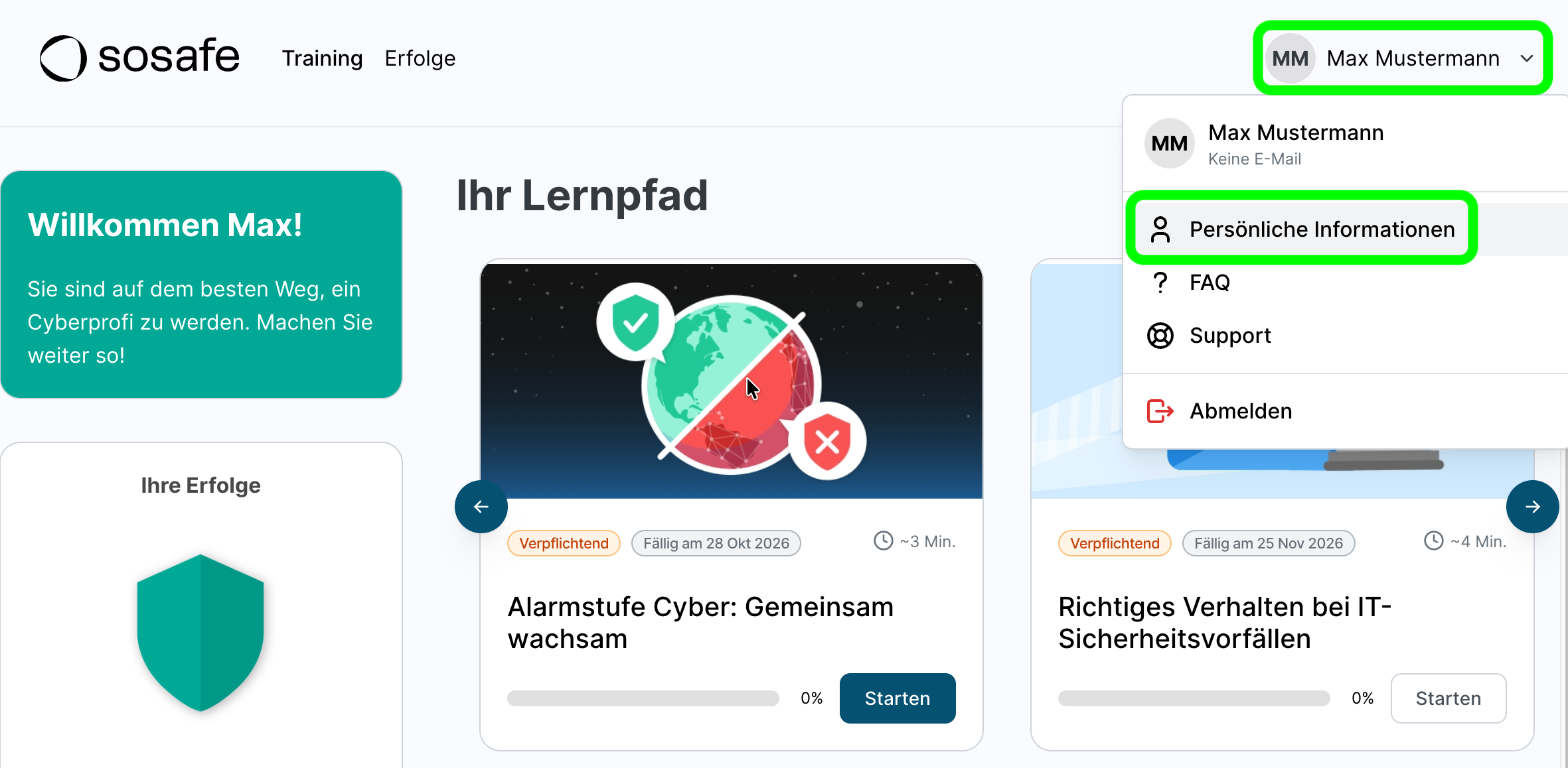 SoSafe E-Learning-Plattform, Dashboard mit geöffnetem Kontomenü. Oben rechts ist der angezeigte Name markiert, ebenso der Eintrag Persönliche Informationen im Menü, über FAQ, Support und Abmelden.