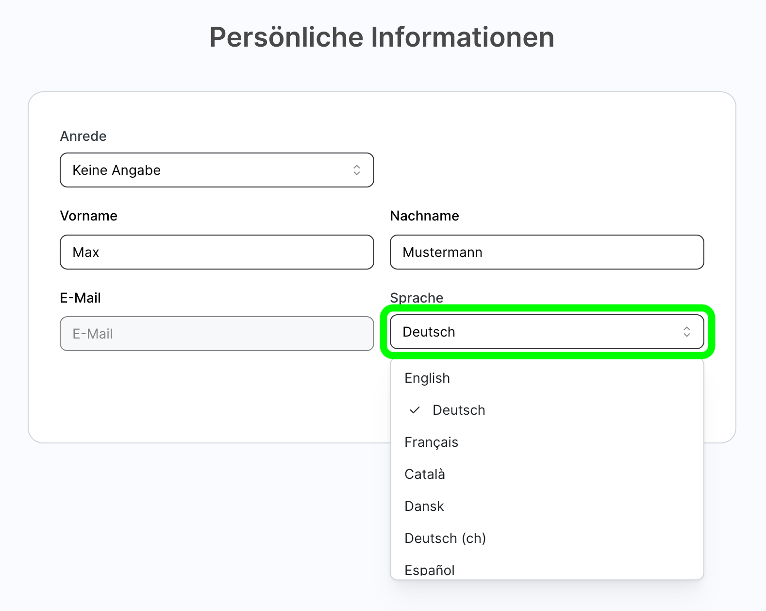 Seite Persönliche Informationen mit den Feldern Anrede, Vorname, Nachname und E-Mail. Das Feld Sprache ist markiert und zeigt eine geöffnete Liste mit English, Deutsch, ausgewählt, Français, Català, Dansk und Español.