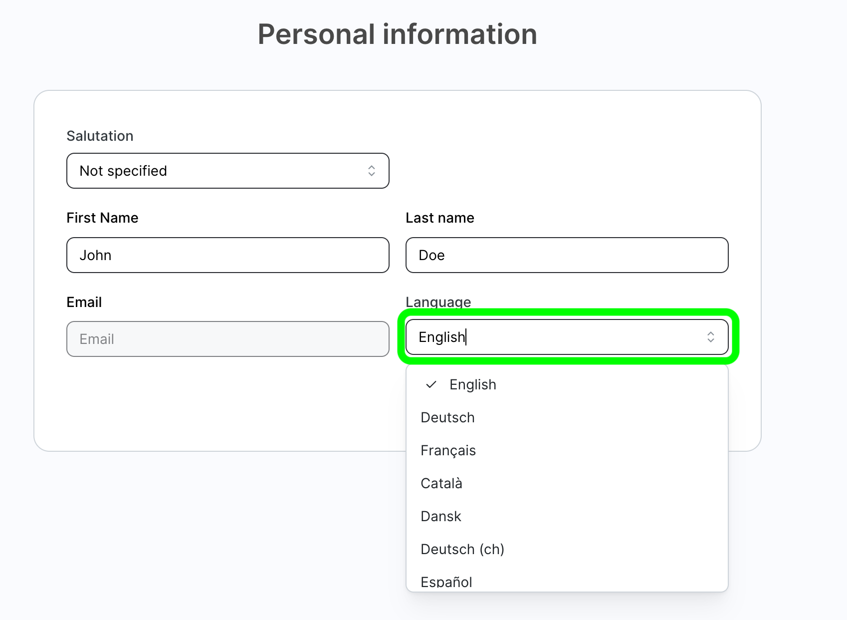 Page Personal information avec des champs pour Salutation, First Name, Last Name et Email. Le champ Language est mis en évidence, ouvert sur une liste comprenant English, coché, suivi de Deutsch, Français, Català, Dansk et Español.