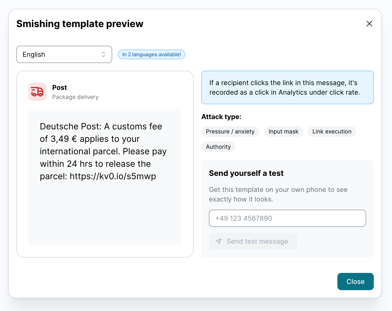 The Smishing template preview dialog for a package delivery template. It has a language dropdown set to English with a badge saying the template is available in 2 languages, the message text, attack type tags, and a Send yourself a test section with a phone number field and a Send test message button.