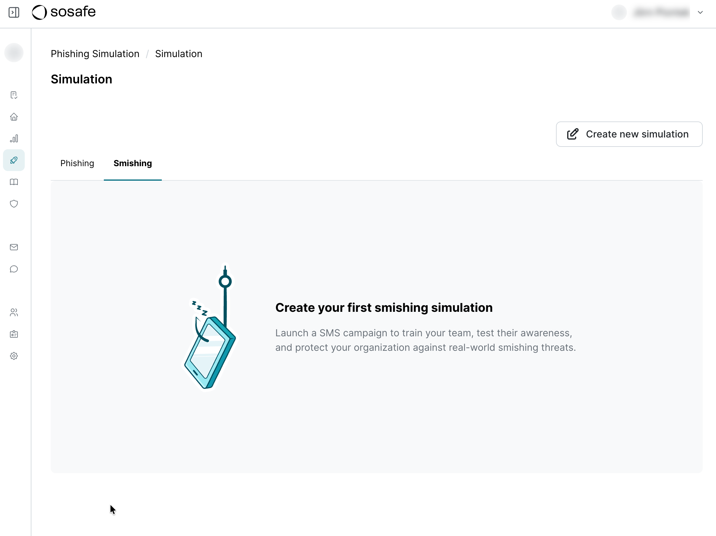 Simulation Manager with the Smishing tab selected. The page shows the message Create your first smishing simulation and a Create new simulation button in the top right.