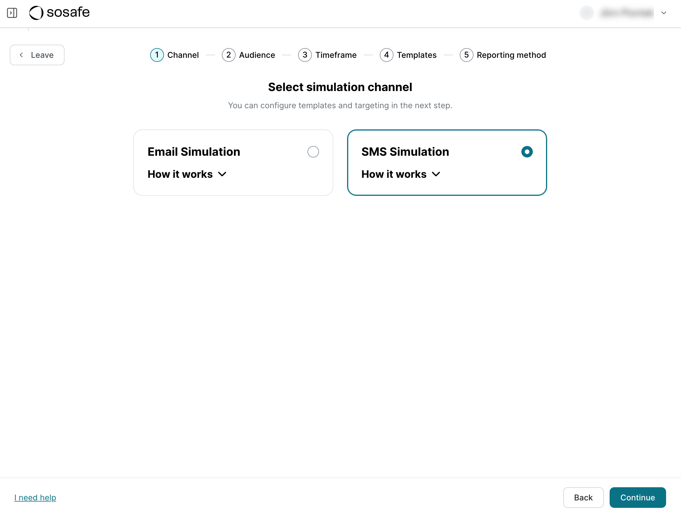Step 1 of the wizard, Select simulation channel, with the two options Email Simulation and SMS Simulation. SMS Simulation is selected.
