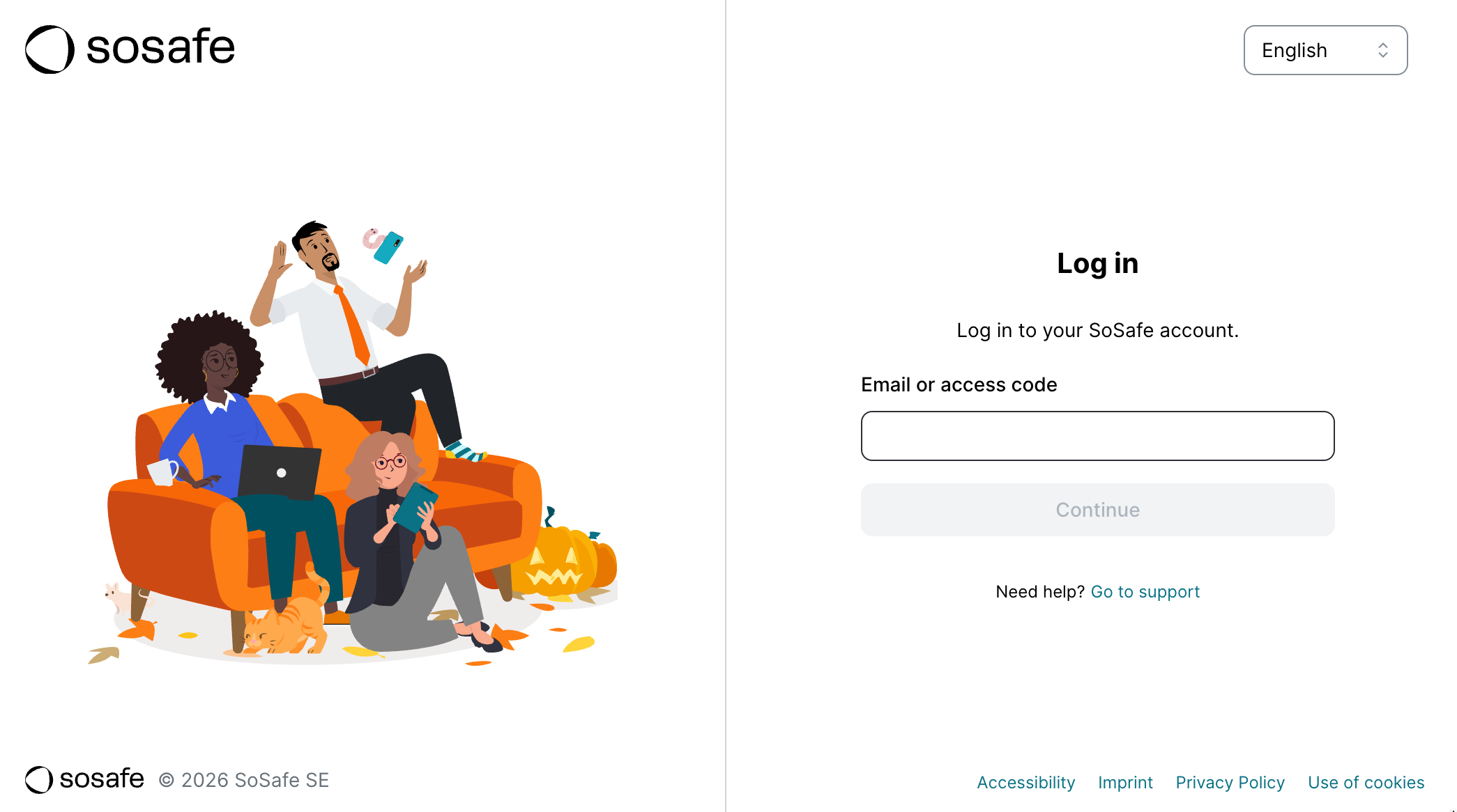 The SoSafe Log in page with an Email or access code field and a Continue button.