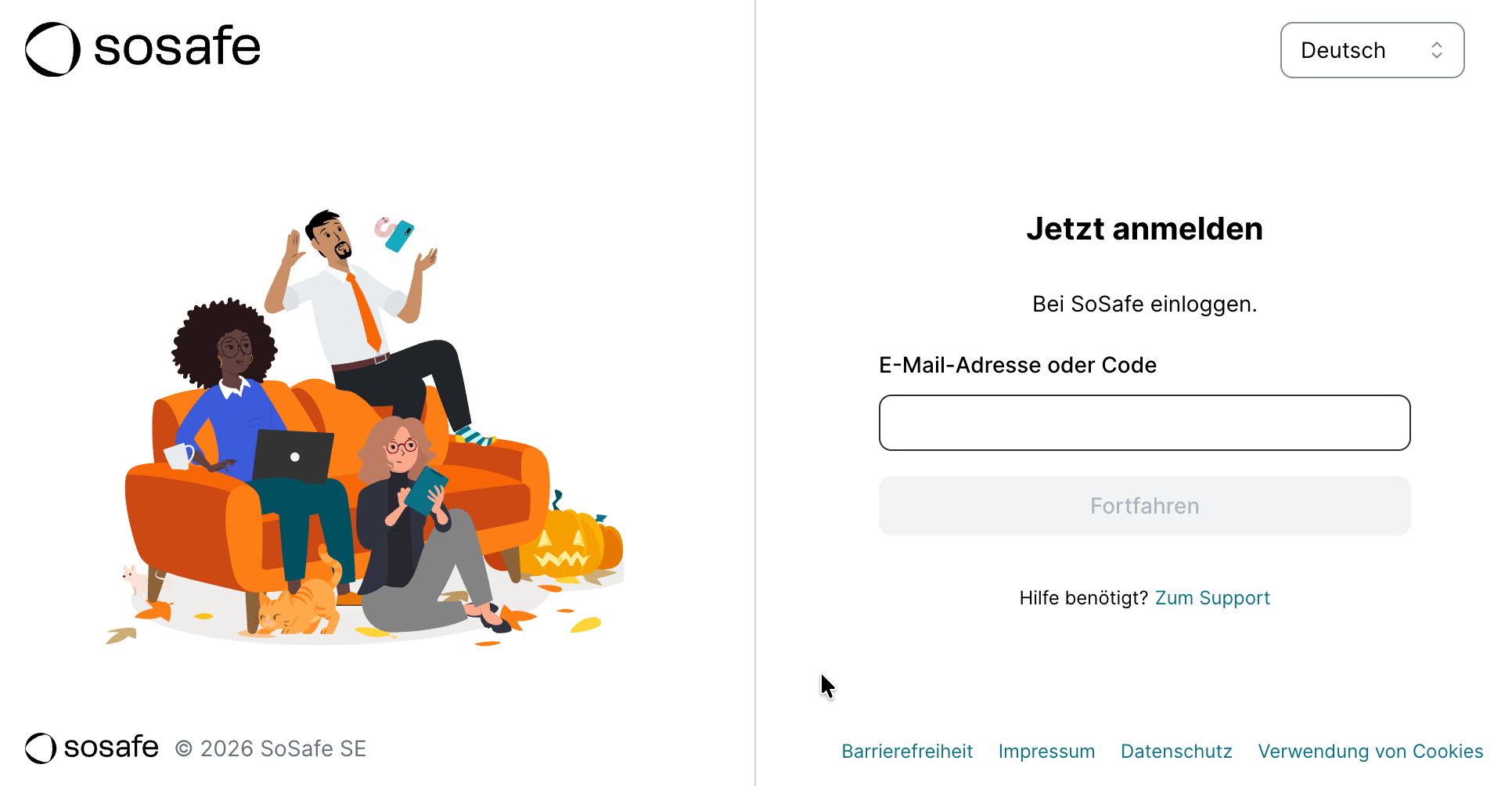 Die SoSafe-Seite Jetzt anmelden mit dem Feld E-Mail-Adresse oder Code und der Schaltfläche Fortfahren.