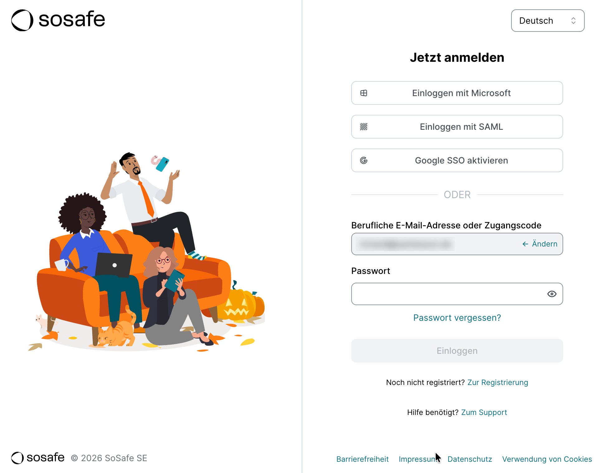 Die SoSafe-Seite Jetzt anmelden mit den Schaltflächen Einloggen mit Microsoft, Einloggen mit SAML und Google SSO aktivieren, darunter die eingegebene E-Mail-Adresse, das Feld Passwort, der Link Passwort vergessen? und der Link Zur Registrierung.