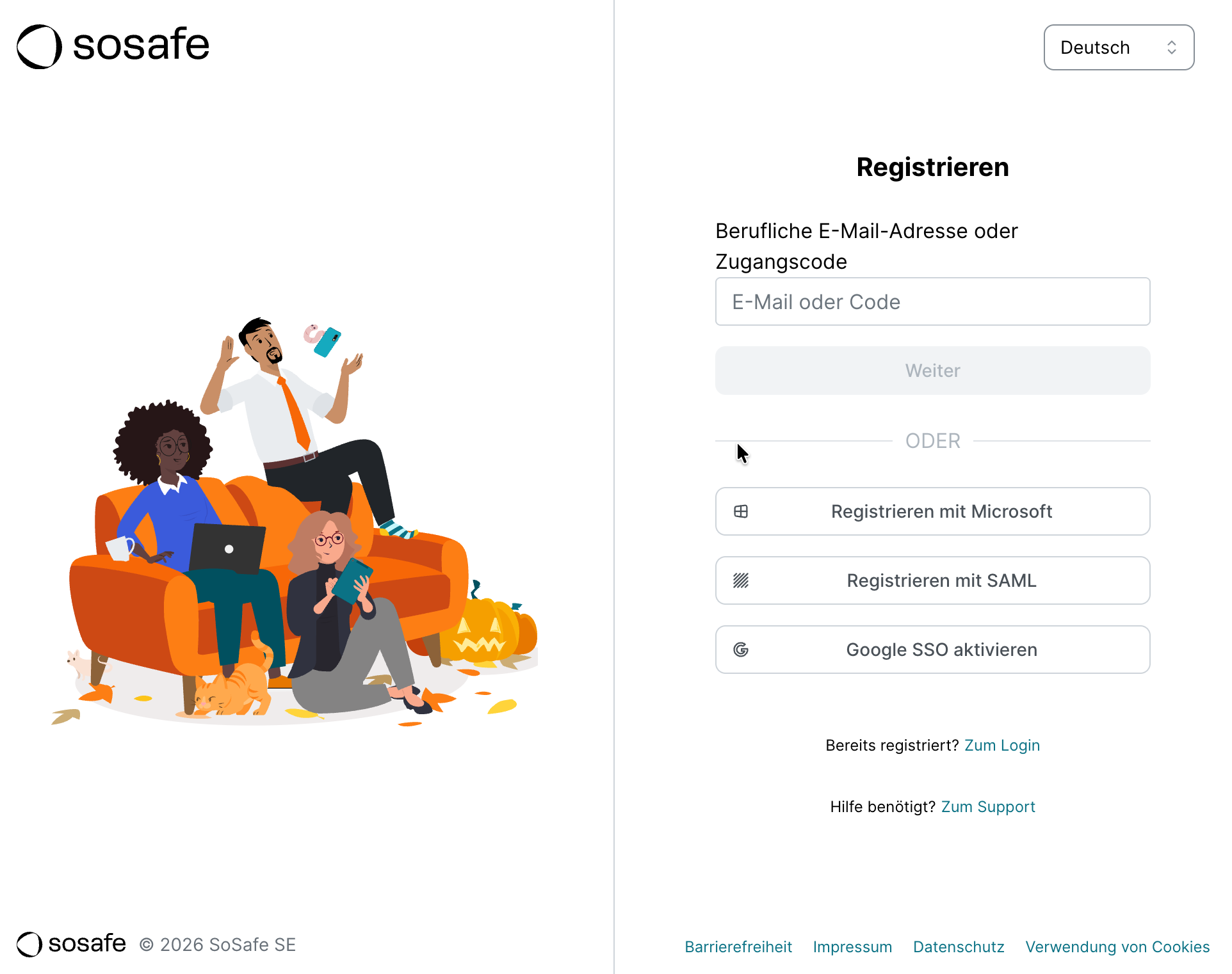Die SoSafe-Seite Registrieren mit dem Feld Berufliche E-Mail-Adresse oder Zugangscode und der Schaltfläche Weiter, darunter Registrierungsoptionen mit Microsoft, SAML und Google.