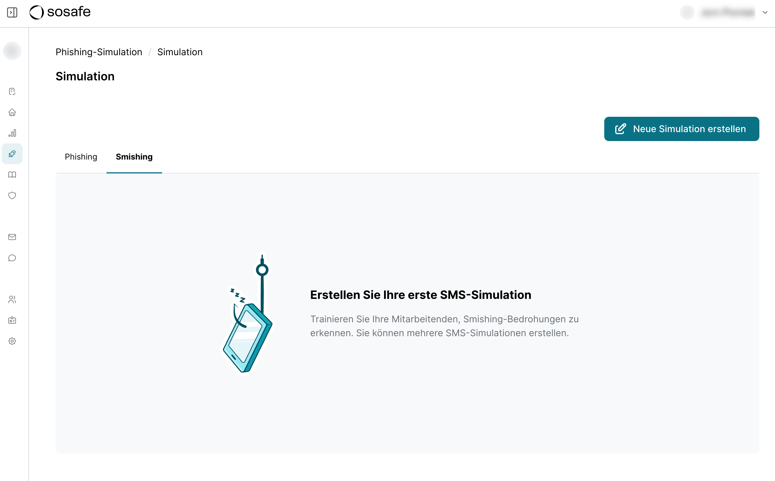 Der Simulations-Manager mit geöffnetem Tab Smishing. Die Seite zeigt den Hinweis Erstellen Sie Ihre erste SMS-Simulation und oben rechts die Schaltfläche Neue Simulation erstellen.