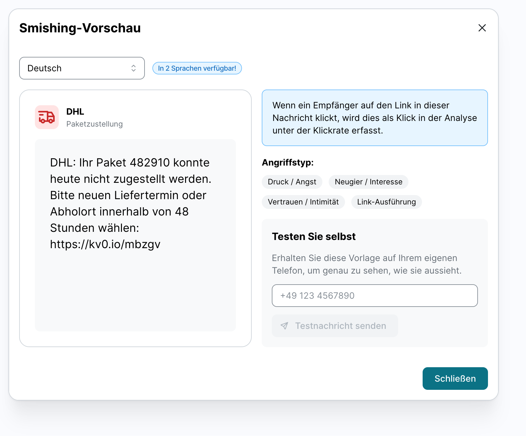 Das Dialogfenster Smishing-Vorschau für ein Template zur Paketzustellung. Es zeigt eine Sprachauswahl mit dem Hinweis, dass das Template in 2 Sprachen verfügbar ist, den Nachrichtentext, die Angriffstypen und den Bereich Testen Sie selbst mit einem Feld für die Telefonnummer und der Schaltfläche Testnachricht senden.