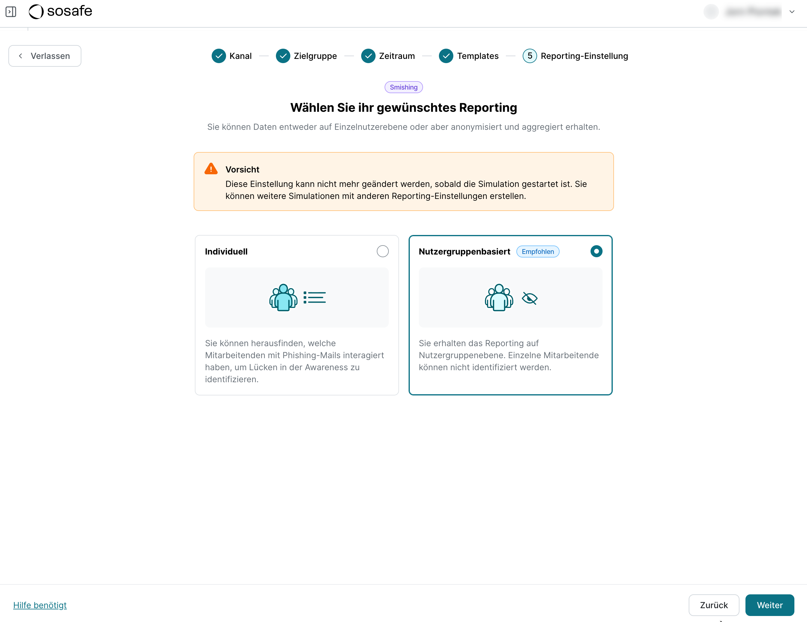 Schritt 5 des Assistenten, Wählen Sie Ihr gewünschtes Reporting, mit einem Warnhinweis und den Optionen Individuell und Nutzergruppenbasiert (Empfohlen). Nutzergruppenbasiert ist ausgewählt.