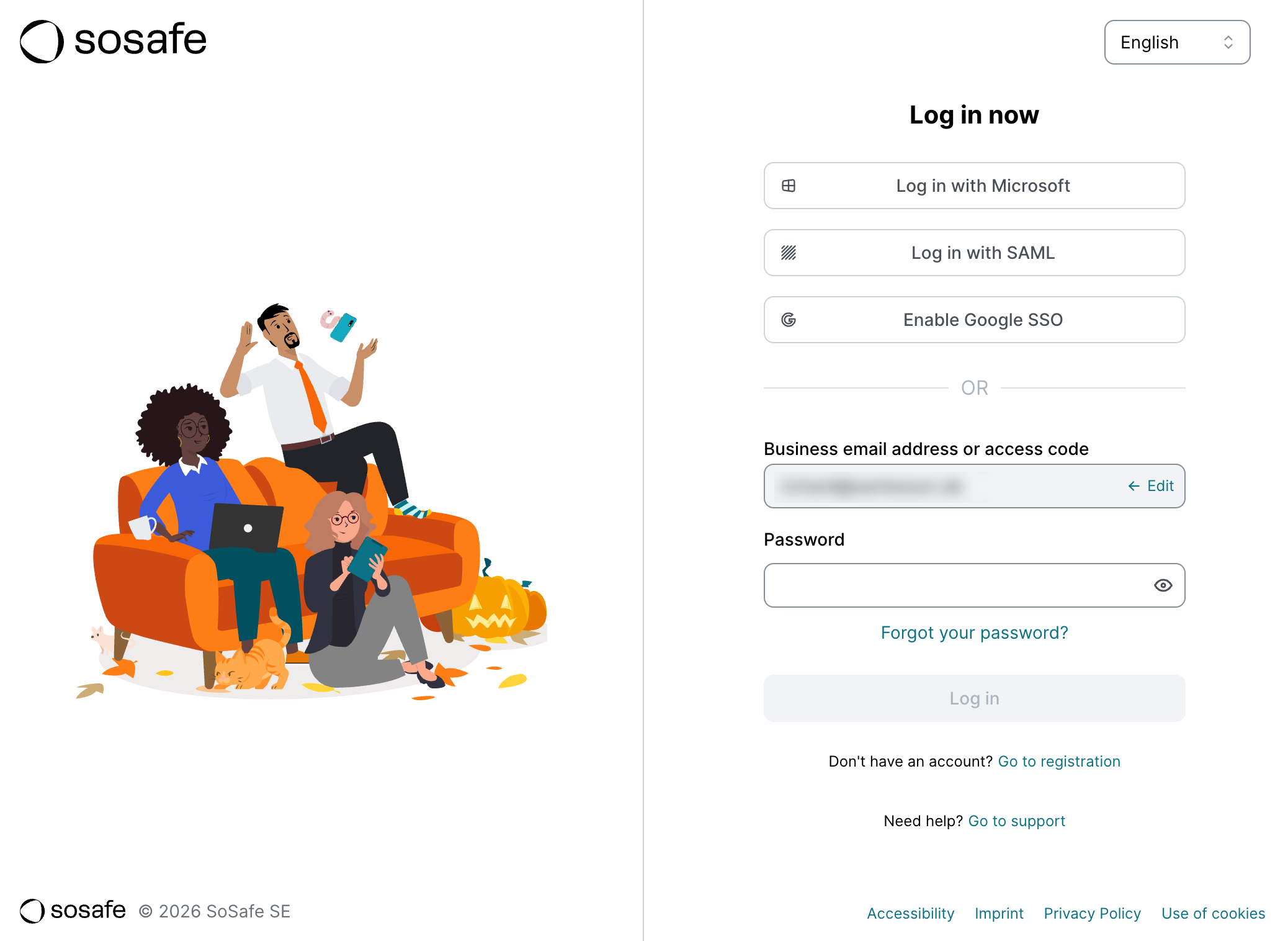 De SoSafe-inlogpagina met de knoppen "Log in with Microsoft", "Log in with SAML" en "Enable Google SSO", gevolgd door het ingevoerde e-mailadres, een veld "Password", een link "Forgot your password?" en een link "Go to registration".