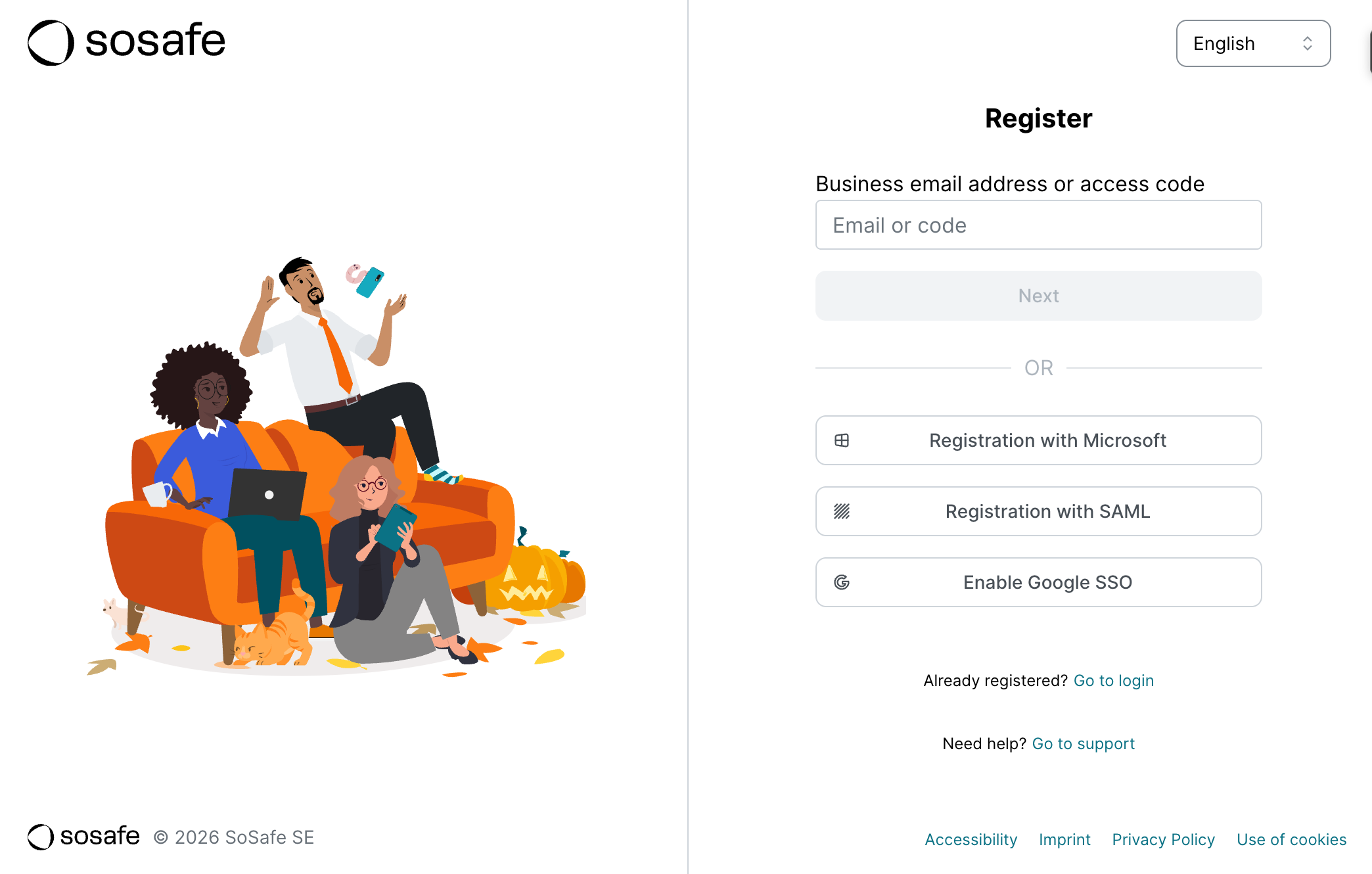 De SoSafe-registratiepagina met een veld "Business email address or access code" en een knop "Next", gevolgd door registratieopties met Microsoft, SAML en Google.