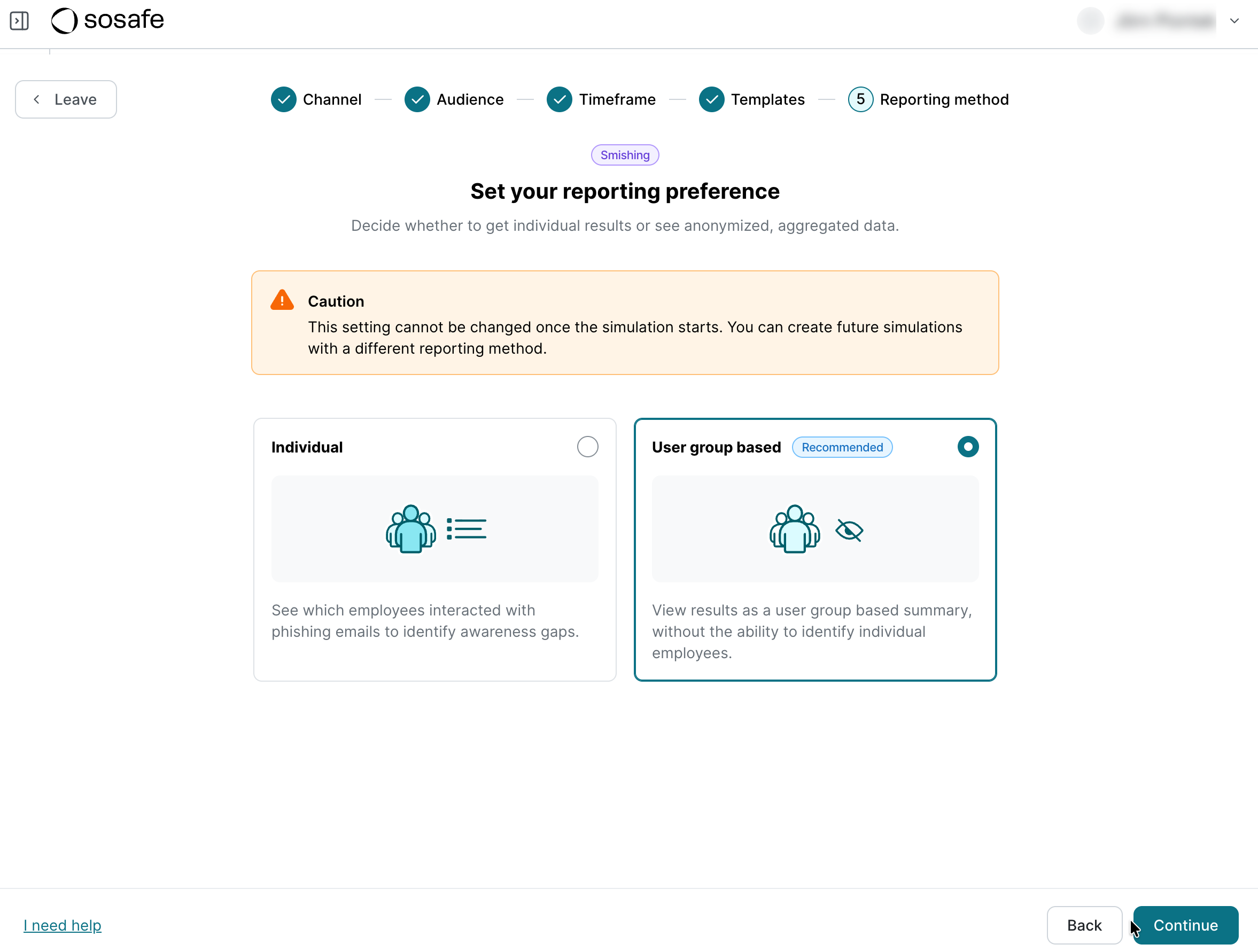 Stap 5 van de wizard, Set your reporting preference, met een waarschuwingsbanner en de twee opties Individual en User group based (Recommended). User group based is geselecteerd.