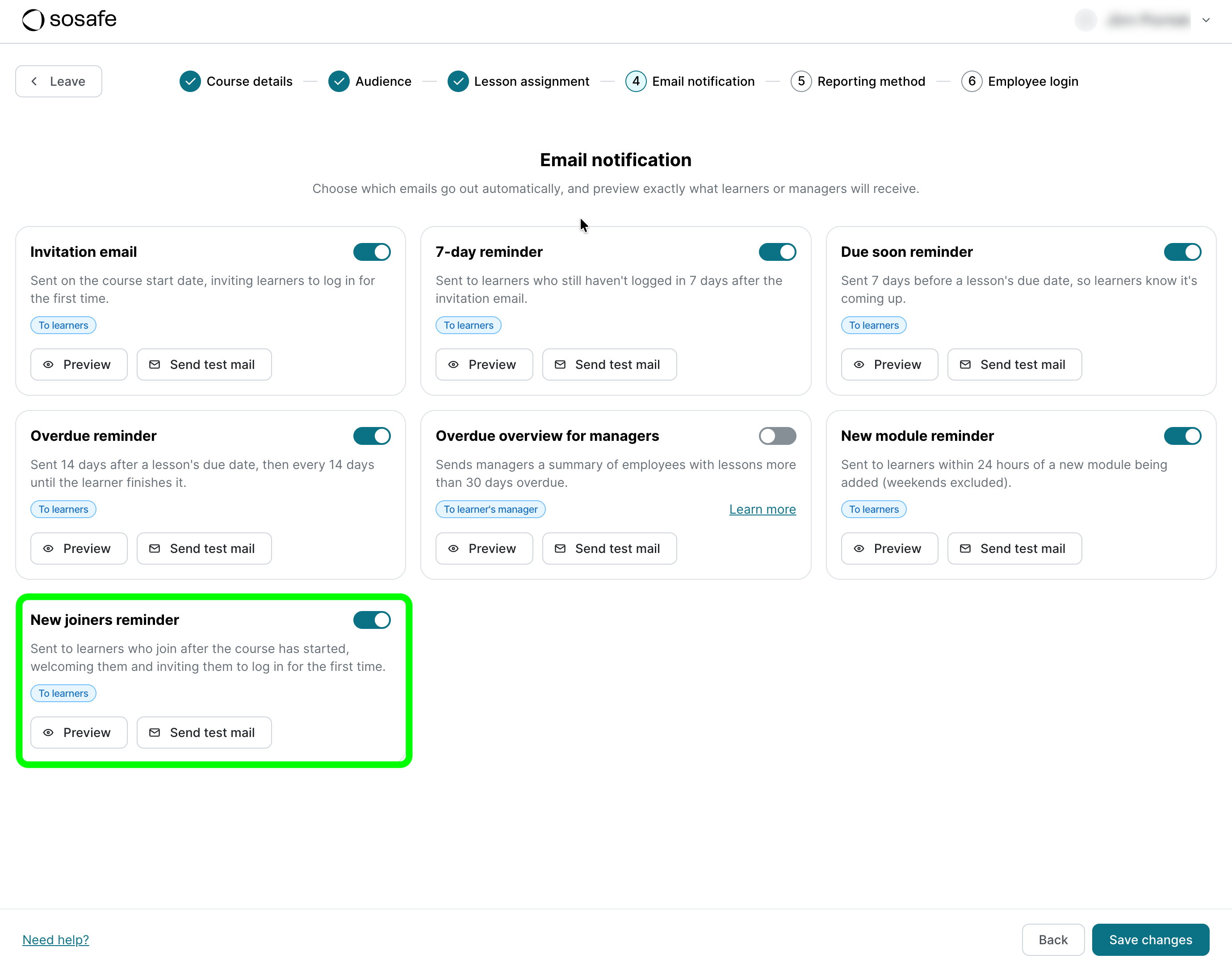 Step 4 of the course setup, Email notification, with a card for each automatic email. The New joiners reminder card is highlighted and its toggle is turned on.